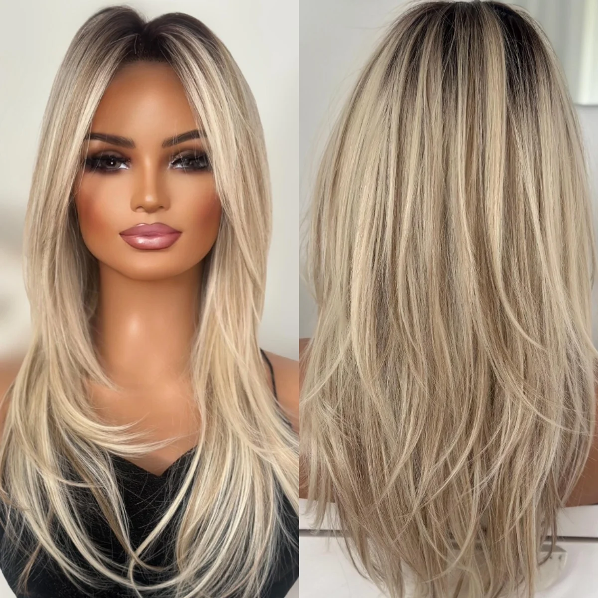 

Natural Straight Wigs For Women White Blonde Melt Dark Roots Synthetic Lace Front Wig For Women Realistic Hairline Cosplay Use