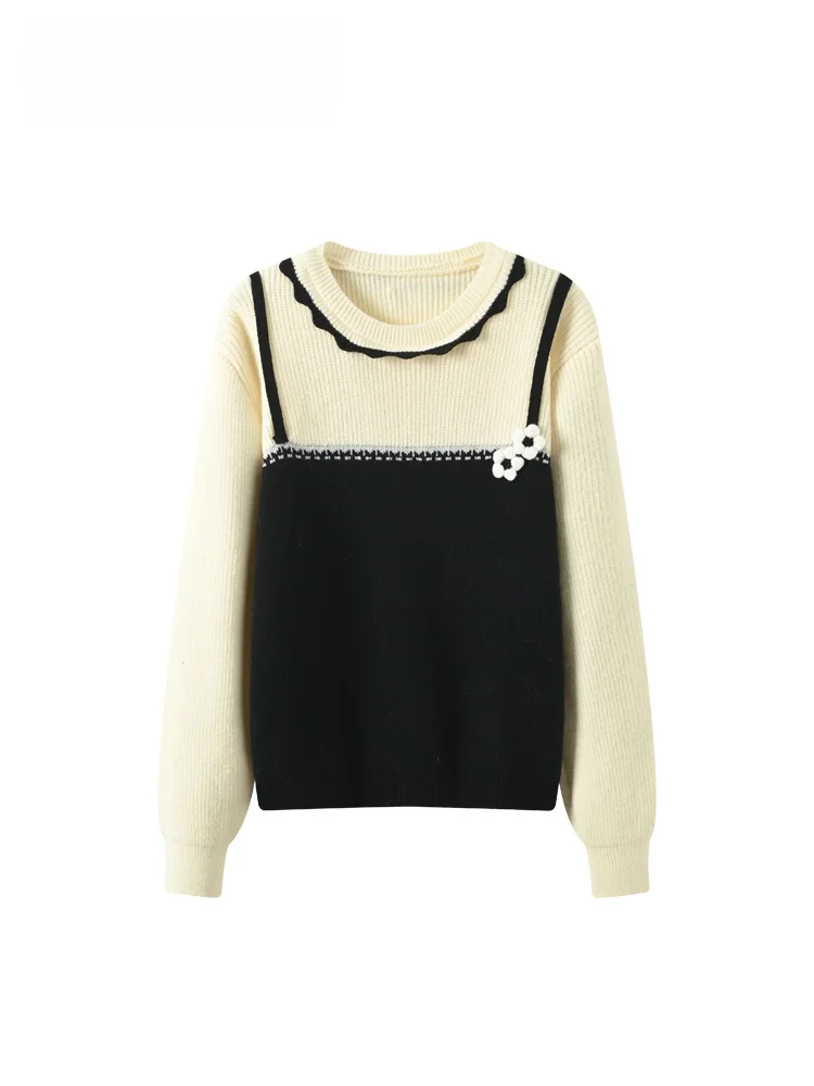 Suéter de punto de manga larga con cuello redondo para mujer, talla grande, estilo primavera, a la moda, estilo francés, top informal, talla grande