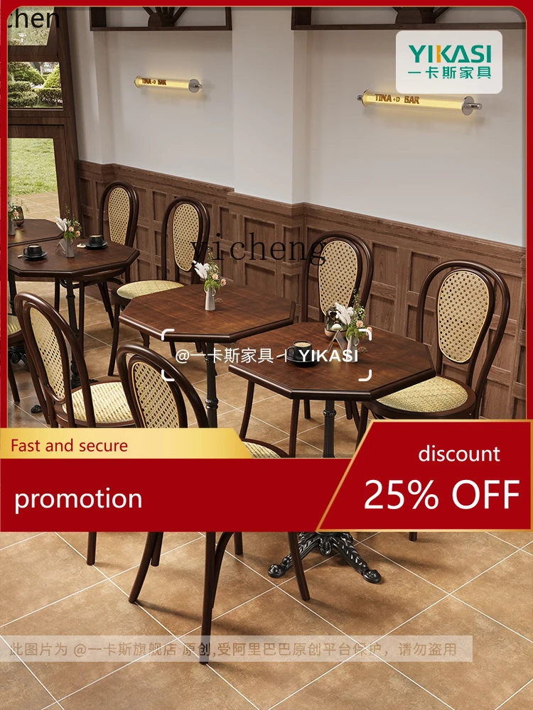 YFY  Table and Chair Solid Wood Retro Theme Western Restaurant Chair Dessert Baking Shop Table