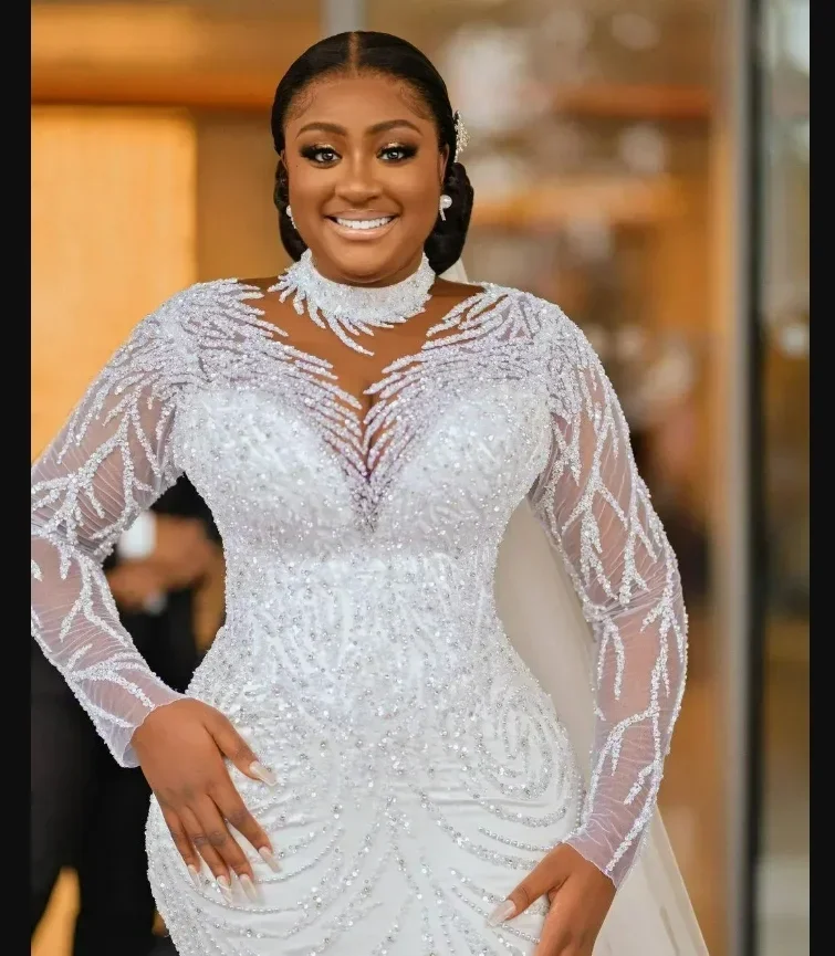 

Customized Shinny Sequins Rhinestones African Wedding Dress Robe De Mariée Long Sleeves LuxuryPlus Size Arabic Bridal Gowns