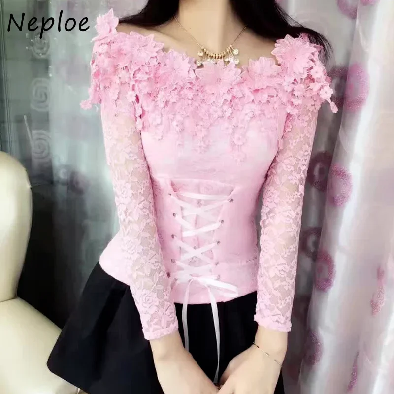 Neploe  Lace Hollow Out Blouse Korean Fashion Slash neck Slim Women Lacing Blusas Long Sleeve Elegant Shirts 67537