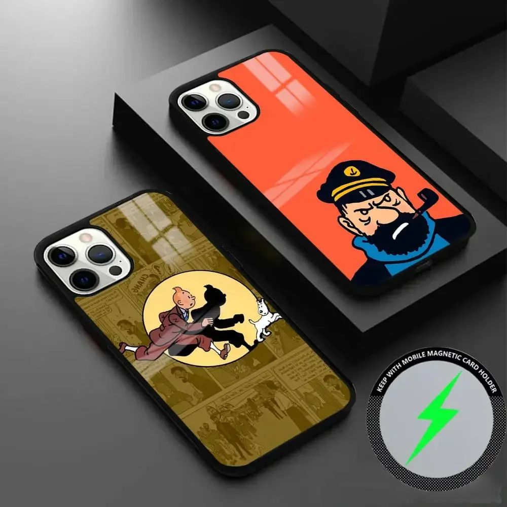 Funda de teléfono Tintins de dibujos animados para IPhone 16, 15, 14, 13, 12, 11 Pro Max Plus, Mini funda magnética inalámbrica con espejo Magsafe