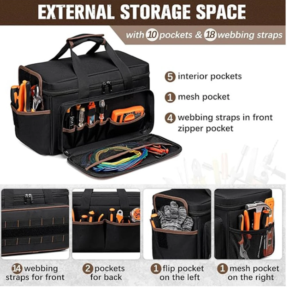 17 Inch High Capacity Wide Mouth Tote with 20 Pockets Heavy Duty Tool Bags Waterproof for Electricians Mechanics Carpenters HVAC