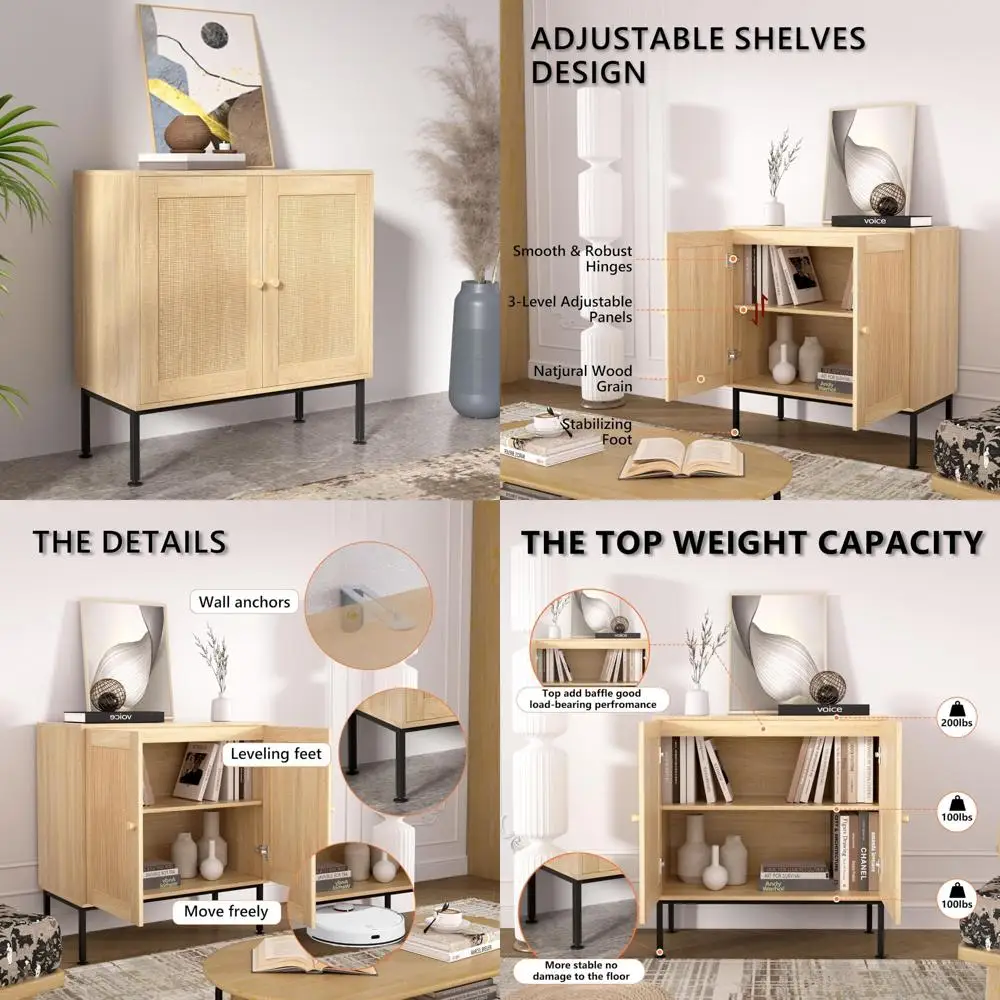

Kitchen Storage Sideboard Cabinet with Rattan Decorated Doors for Dining Room, Hallway, and Console Table Use