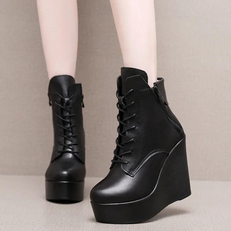 10cm 12cm Small Size 33-43 Fashion Platform Wedges Shoes Women Boots Leather 2024 High Heels Motorcycle Ankle Boots Office Mom