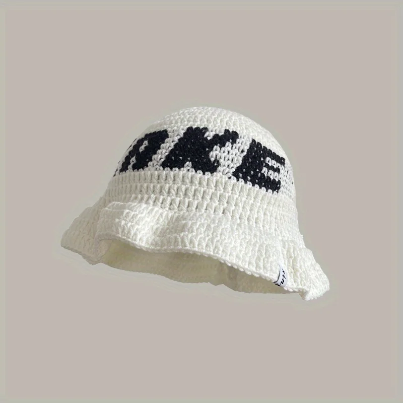 Handmade Crochet Knitted Letter Jacquard Bucket Hat Women Men Woolen Fisherman Hat Casual Street Hollow Out Breathable Hat