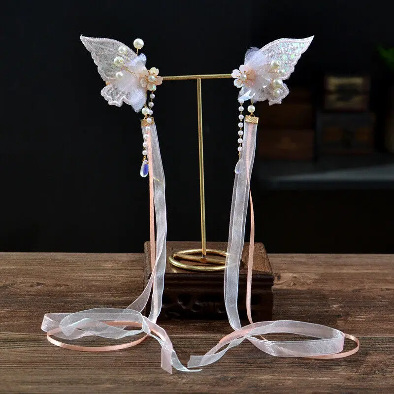 Hanfu – accessoires pour cheveux, 1 paire, ruban en dentelle papillon, épingle à cheveux à franges, Style ancien, accessoires pour cheveux pour femmes, Super naturel
