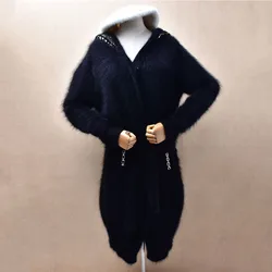 Elegante moda donna donna autunno inverno angora capelli di coniglio lavorato a maglia maniche lunghe collo rovesciato cardigan larghi maglione mantello