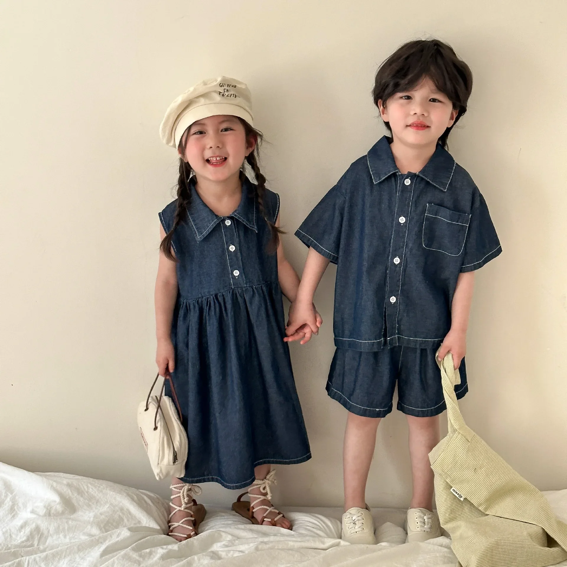 Children Twins Clothes Sister and Brother Matching Denim Clothing Baby Girl Sleeveless Dresses Kids Boys Two Piece Outfit Sets