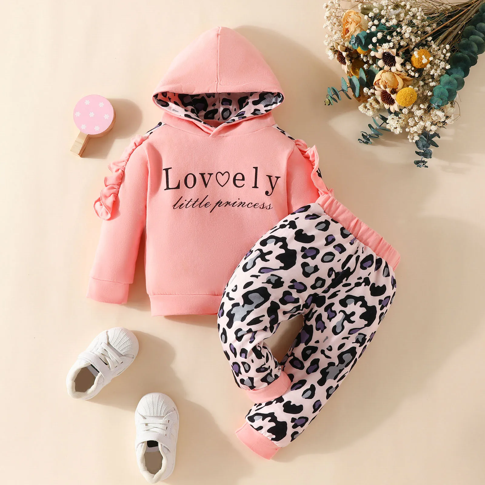 

Toddler Girl Cute Outfit Set Baby Girl Hooded Long Sleeve Letter Print Top Leopard Print Trousers Suit Comfortable Two Piece Set