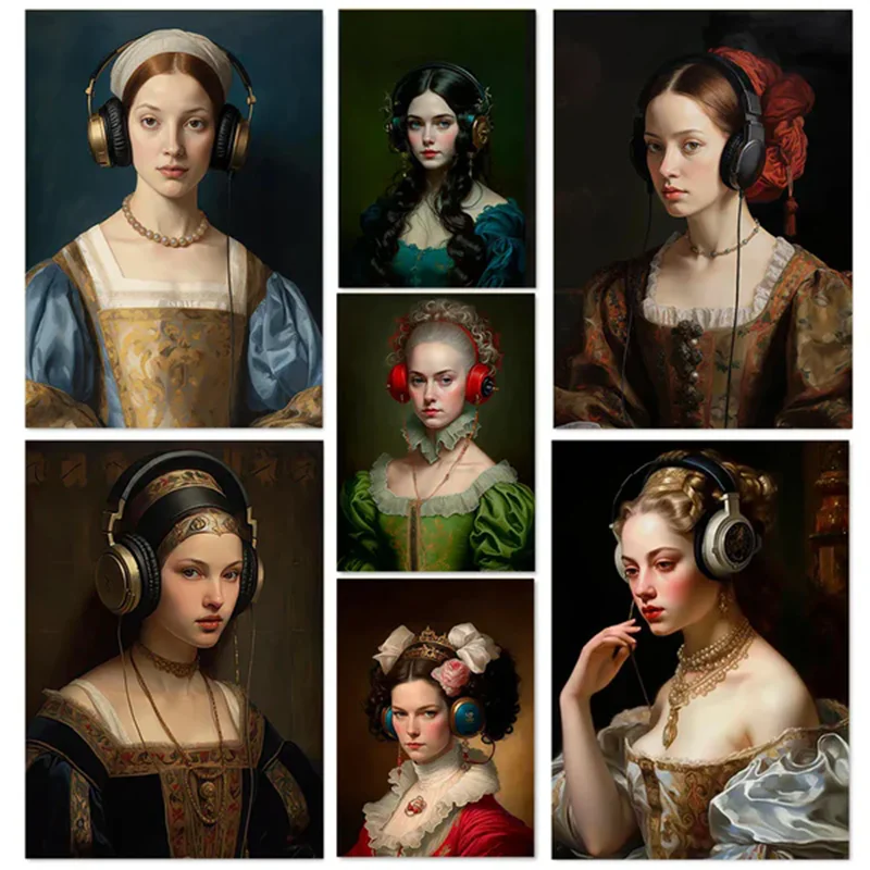 Renaissance Woman Wearing Headphones Figure Poster Print Vintage Altered Art Canvas Painting Baroque Bedroom Wall Decor Picture