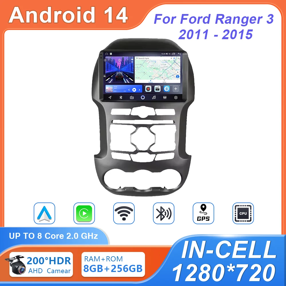 Car Android 14 For Ford Ranger 3 2011 - 2015 Stereo Multimedia Player GPS Navigation Carplay 4G Wifi BT QLED Screen No 2 din DVD