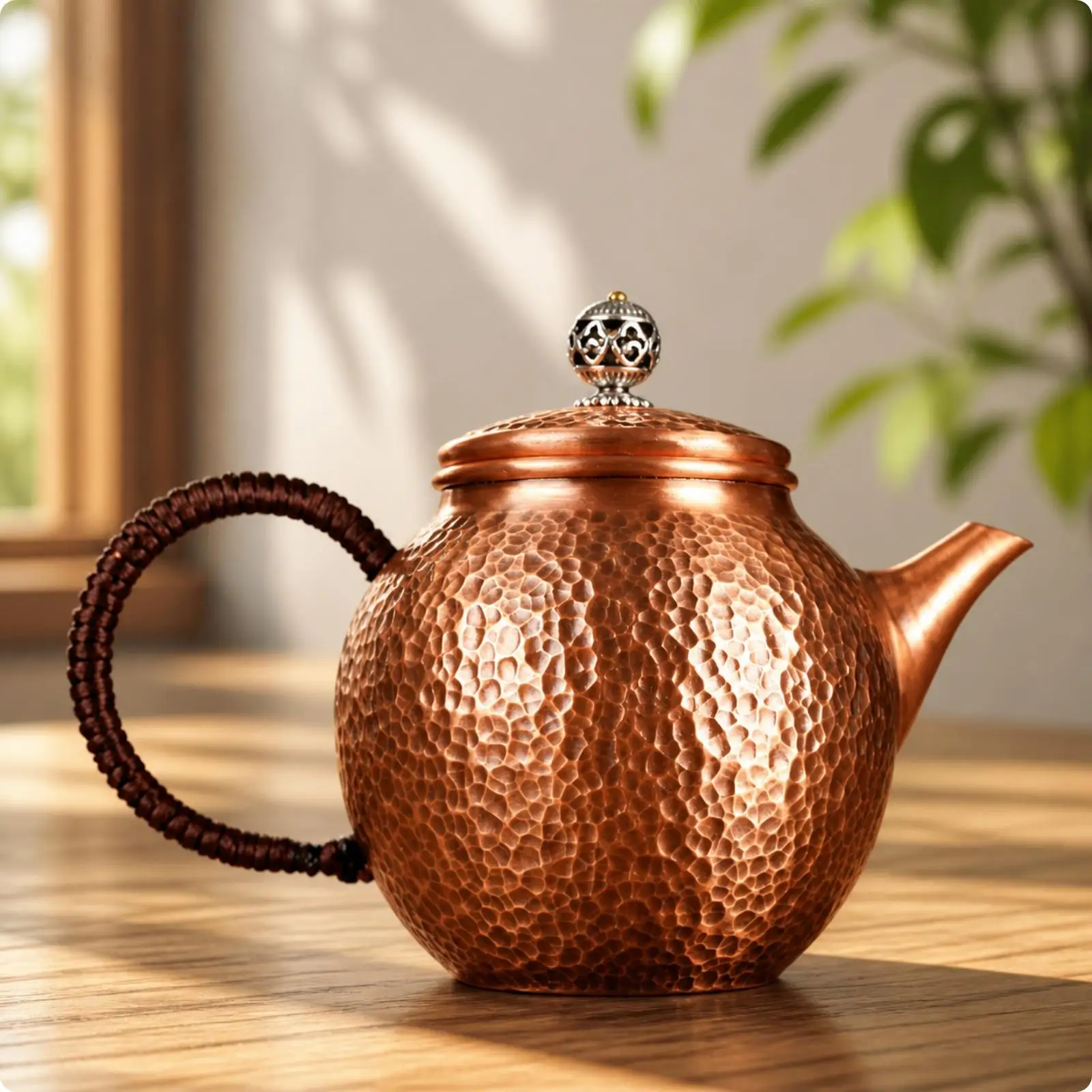 300ml Copper Teapot Handmade Hammered Finish with Wood Handle for Stovetop Tea Brewing and Serving Guests