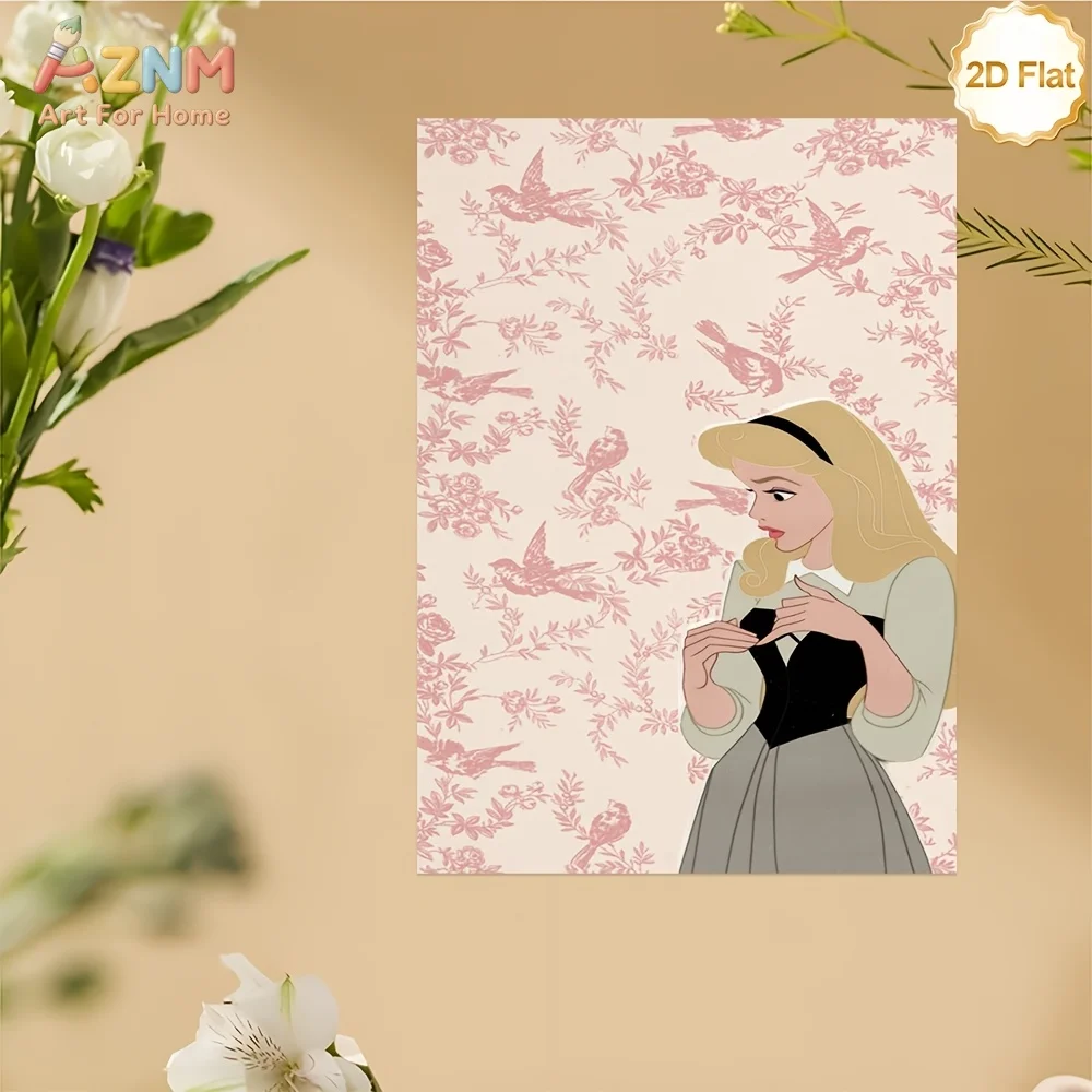 AZNM Sleeping Beauty Aurora Briar Rose - Lienzo decorativo sin marco para pared, impresión de póster floral de pájaro rosa de princesa Disney, decoración para habitación infantil