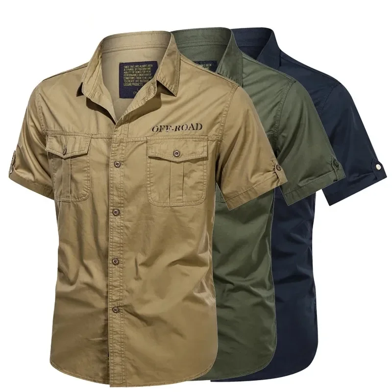 Pop 2025 Mens 100% Cotton Shirts Casual Dress Short Sleeve Slim Tops Work Shirt Male Solid Summer Trendy Chest Pocket 4XL
