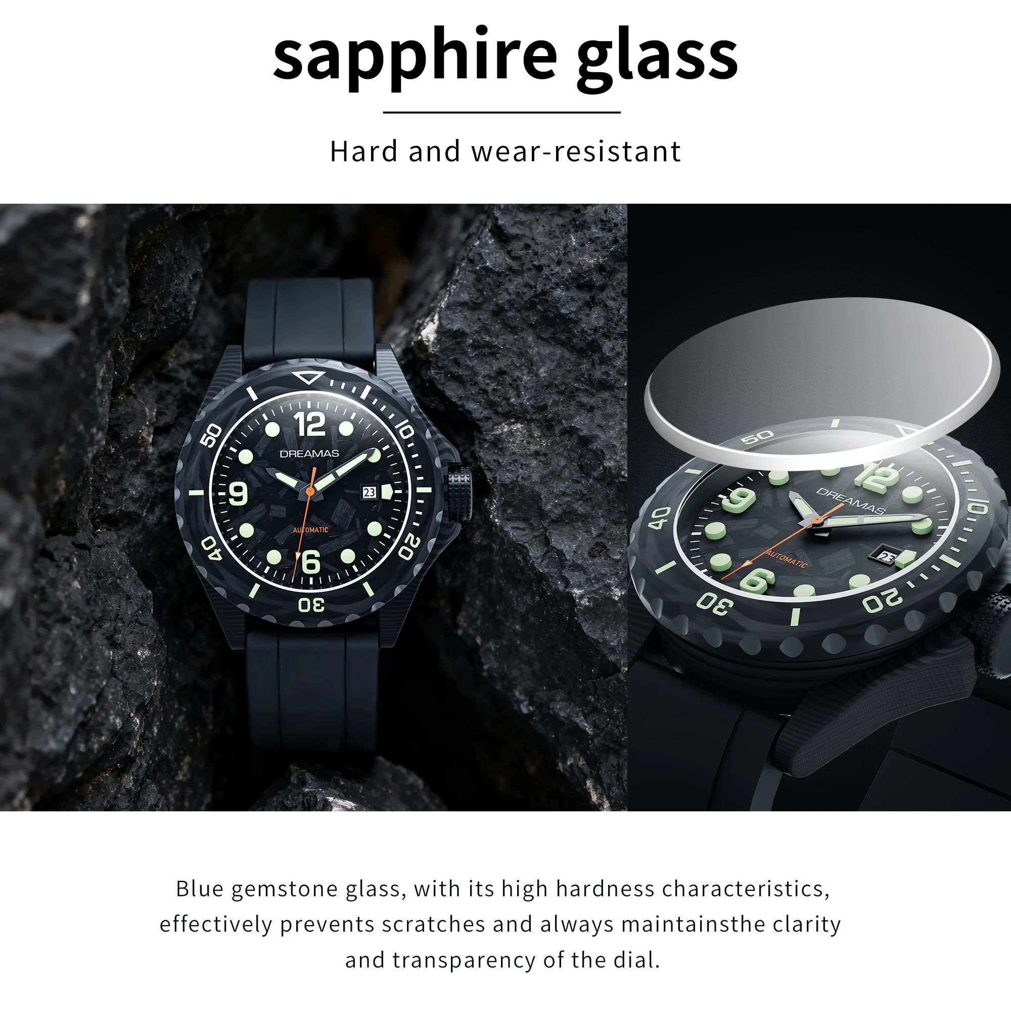 DREAMAS Herren-Taucheruhr aus Kohlefaser, automatische mechanische Taucheruhr, 500 m wasserdicht, Schweizer 3D-Leucht-Sport-Armbanduhr – Detail 10