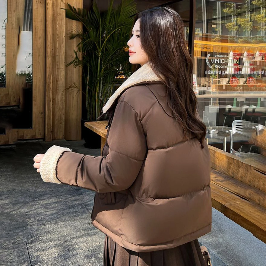 Women White Fleece Collar Puffer Jacket Short Zip Up Warm Winter Coat Lamb Wool Trim Loose Casual Parka Outerwear