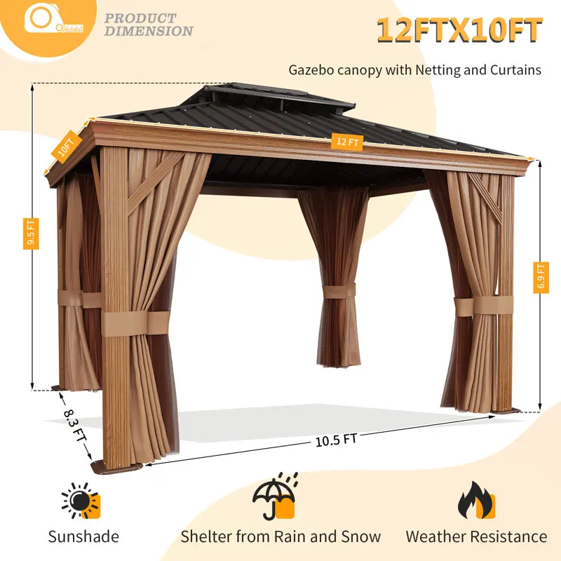 12Ft. W x 10Ft. D Outdoor Cedar Framed Gazebo with Steel Hardtop Permanent Wooden Finished Pavilion