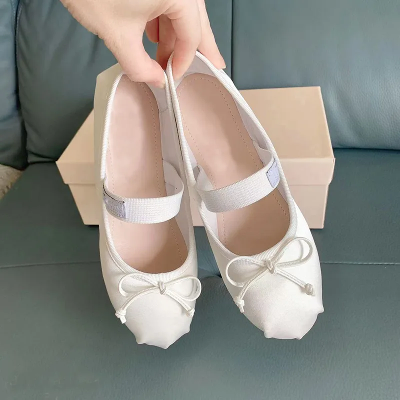 

Satin Elastic Band Ballet Shoes Round Toe Shallow Flat Loafers Bow Comfort Shoes Women Mary Jane Chaussure Femme Zapatos Mujer