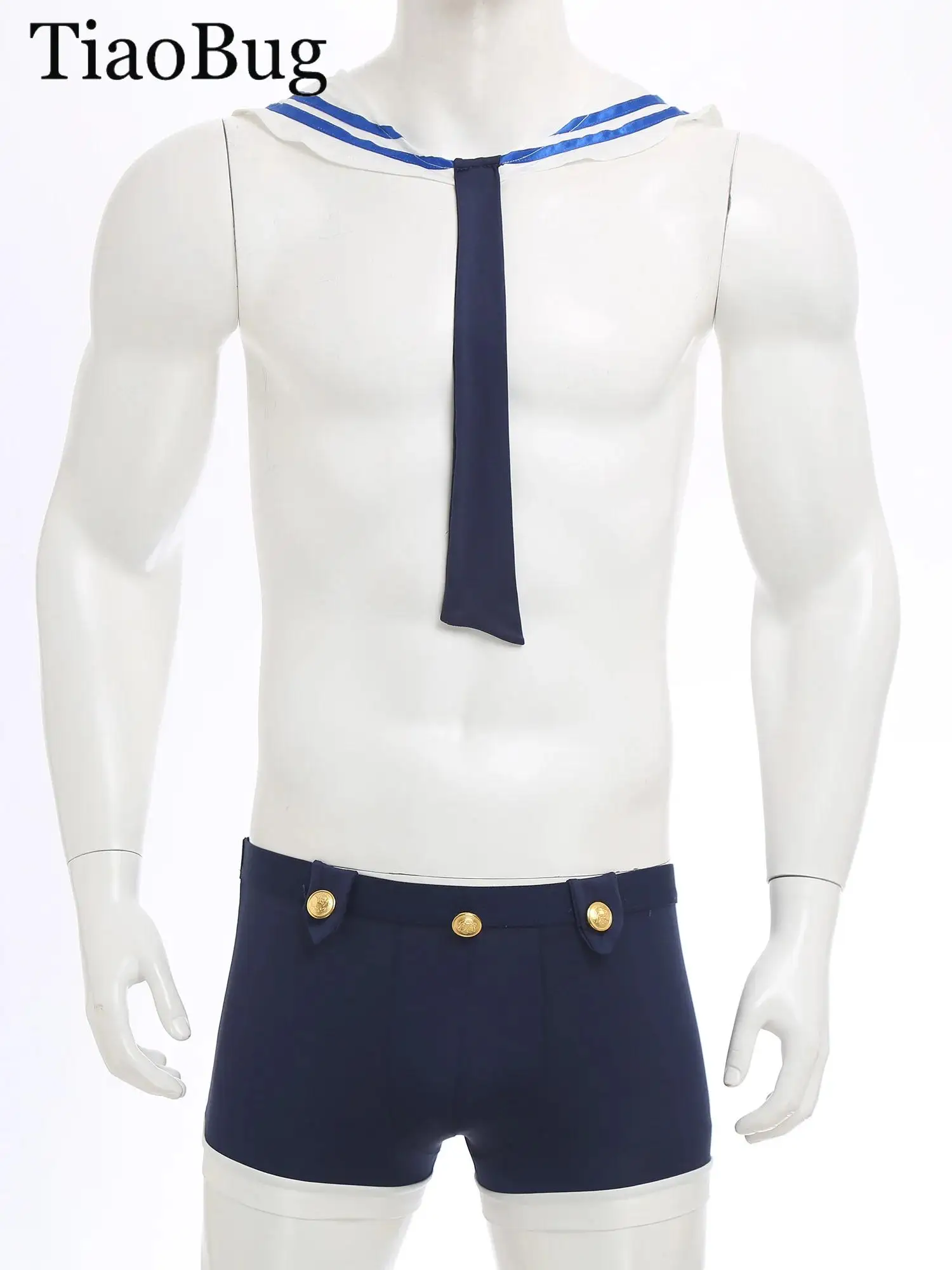 

Men Sailor Cosplay Costume Collar with Necktie Bulge Pouch Boxer Shorts Xmas Halloween Adult Navy Sailor Captain Suit Uniforms