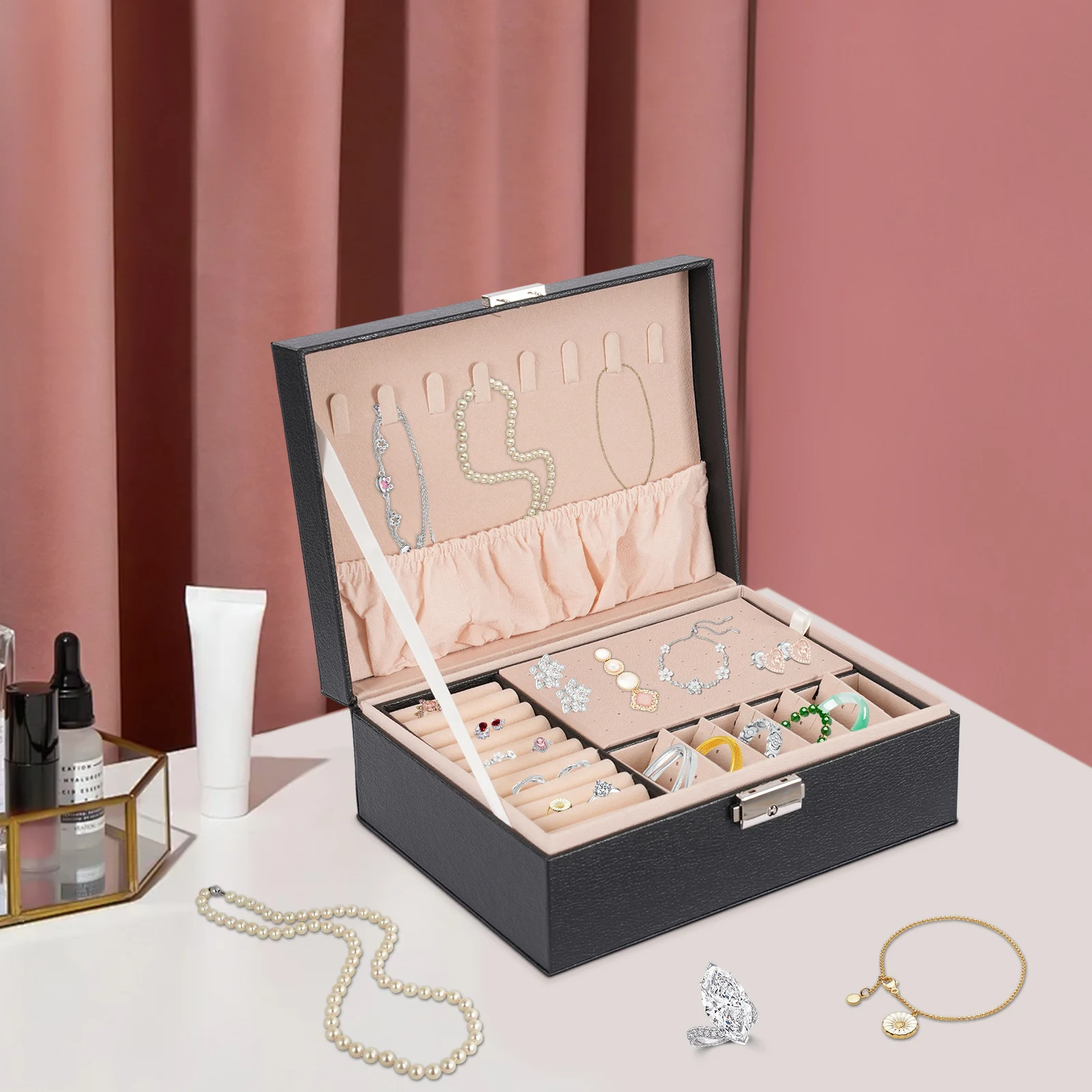 2-lagige abschließbare Schmuckaufbewahrungsbox mit herausnehmbaren Trennwänden, Schreibtisch-Organizer für Ringe, Ohrringe, Armbänder, Halsketten, Broschen, für den täglichen Schmuckaufbewahrungszweck auf dem Schminktisch zu Hause. – Detail 8