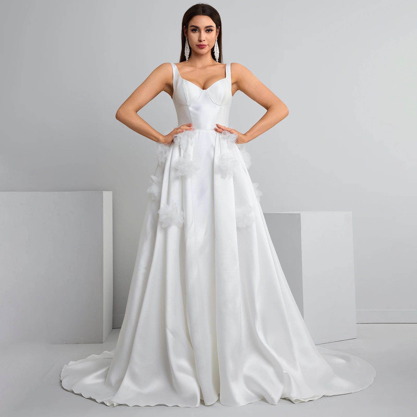 

Royal Muse Masonry Collar Vest Satin Wedding Dress 3D Flower Design A-Line Bridal Gown with Train