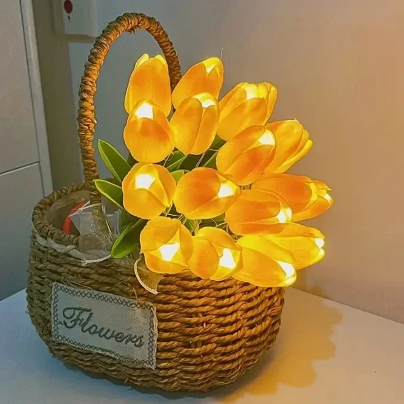 10PCS Tulips with  Light Artificial Tulip Flowers Table Lamp Simulation Tulips Bouquet Night Light Gifts   Decoration