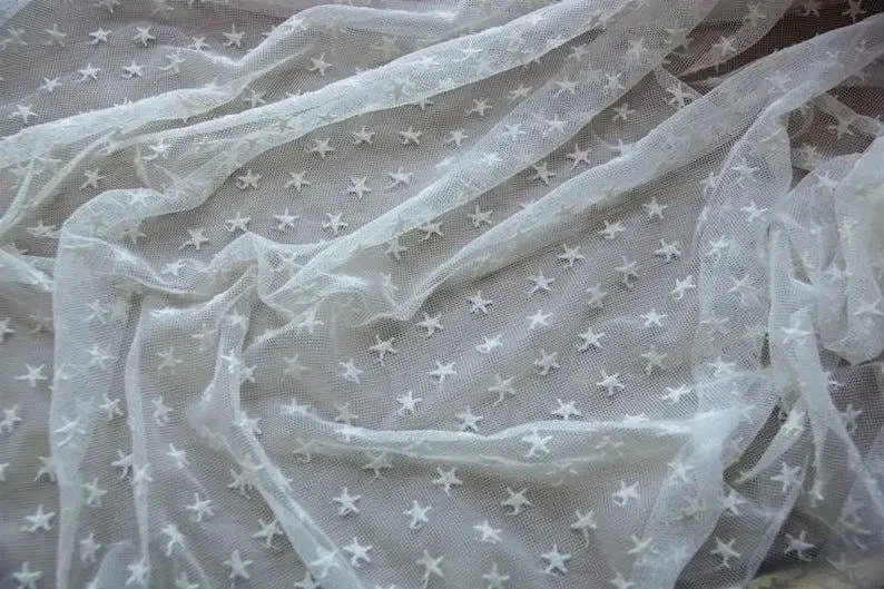 2 Color Cotton star embroidery Lace fabric White soft tulle for wedding dress bridal dress veil lace 51