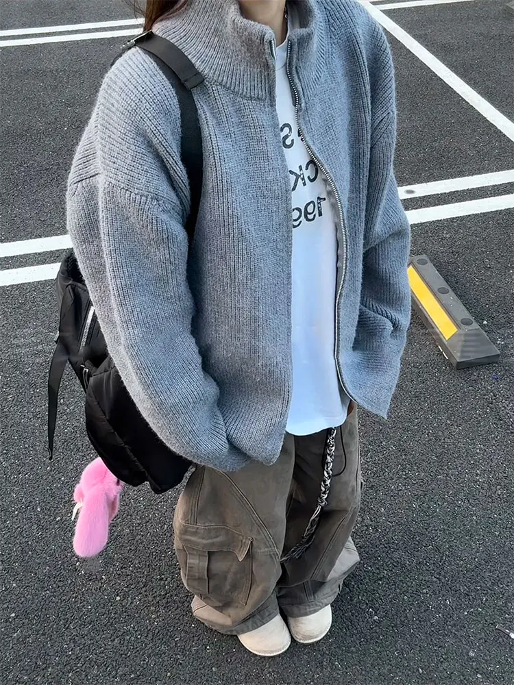 

Мужской плотный осенний свитер с двойной молнией, вязаный, в американском ретро-стиле, для пар, повседневная свободная верхняя одежда с длинными рукавами