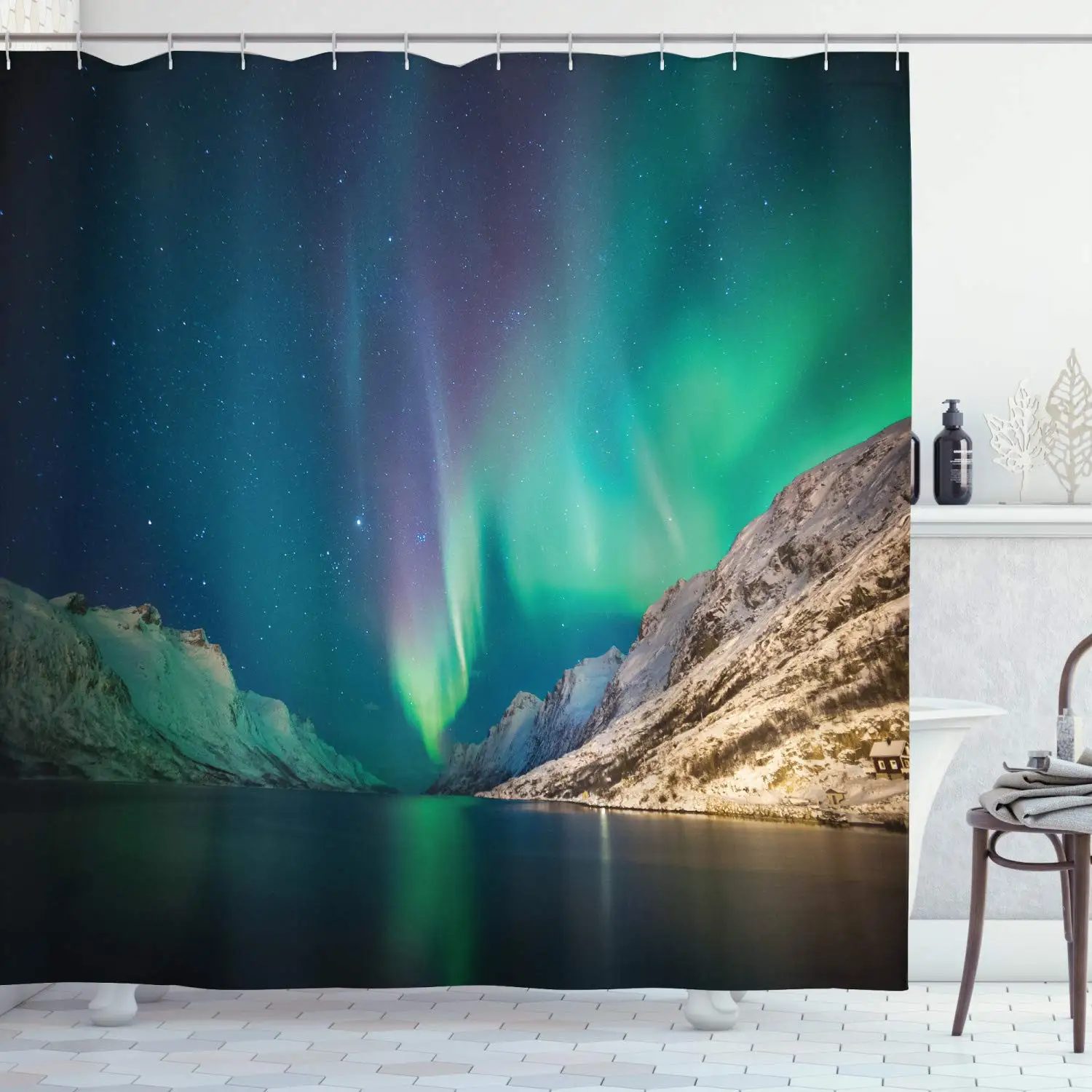 Aurora Borealis Shower Curtain, Exquisite Atmosphere Solar Starry Sky Calming Night Image Cloth Bathroom Decor Set with Hooks