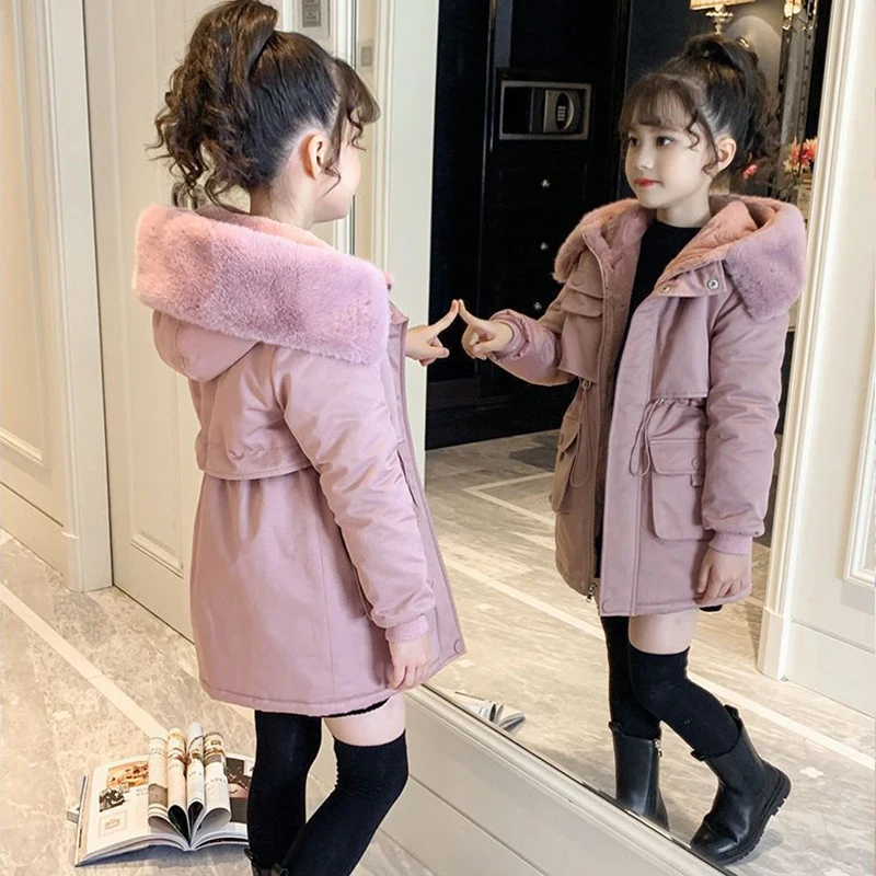 5-14 Years Winter Girls Coat Plus Velvet Keep Warm Jacket For Girls Parka Snowsuit Fashion Hooded Teenagers Children Outerwear