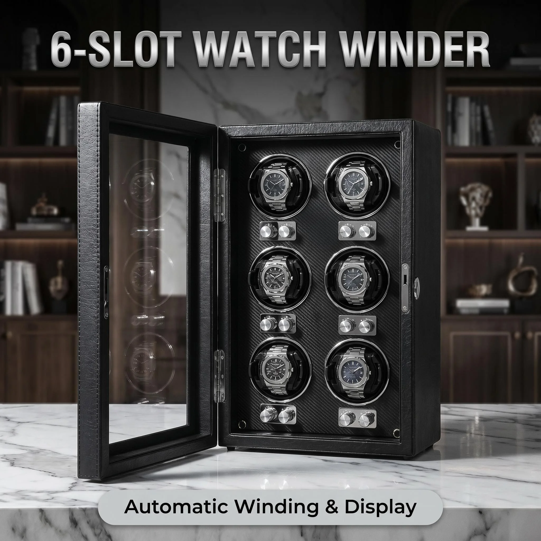 6 Slots Watch Winder, Premium Leather Quiet Mabuchi Motor Lockable Door Automatic Watch Rotator for Collectors