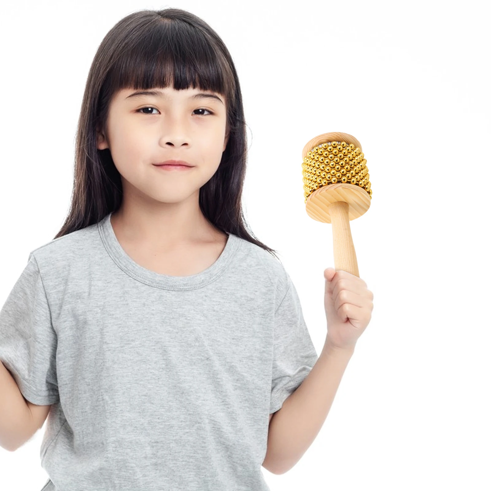 

Percussion Handheld Beaded Cabasa Musical Instrument Golden Wood Shaker with Stick