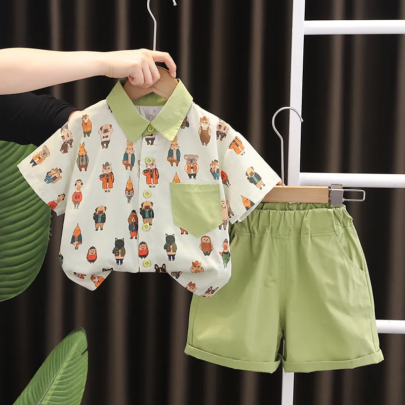 

Baby Boy Summer Clothes Set Fashion All Over Print Animal Turn-down Collar Short Sleeve T-shirts and Shorts Infant Boys Outfits