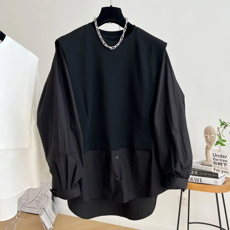 Extra Large Loose Casual Coat Splicing Fake Two Long Sleeved Shirts Blouses for Women Fashion 2024 Women Tops Plus Size Tops