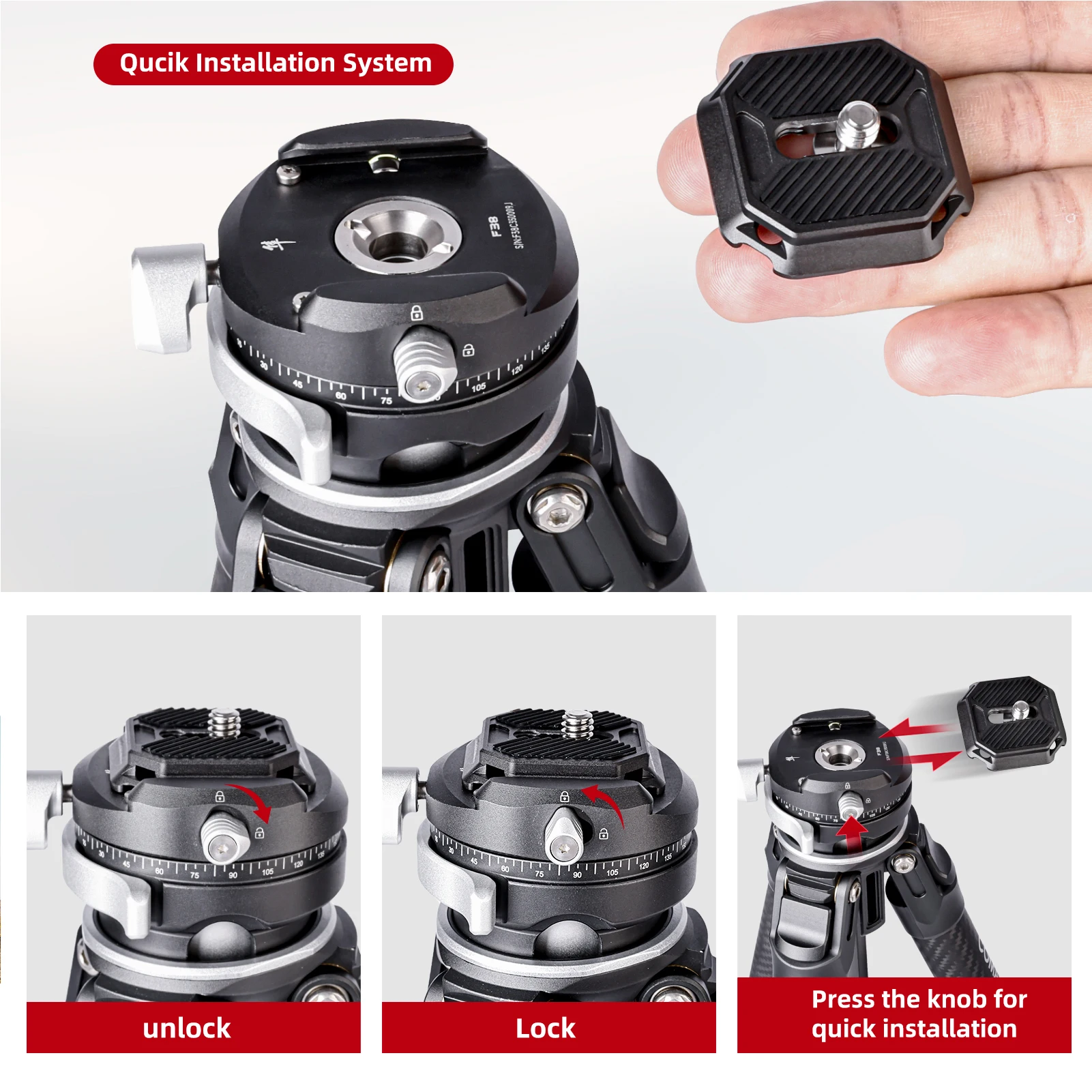 كومان زيرو F38 حامل ثلاثي من ألياف الكربون خفيف الوزن لكاميرا DSLR مع رأس كروي سريع الإصدار 1/4 بوصة عمود مركزي لولبي