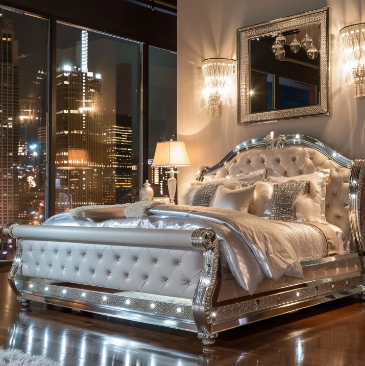 #Elegant Classic Luxury Wooden Bedroom Furniture Set With King Size Mirror Headboard For Home Or Hotel