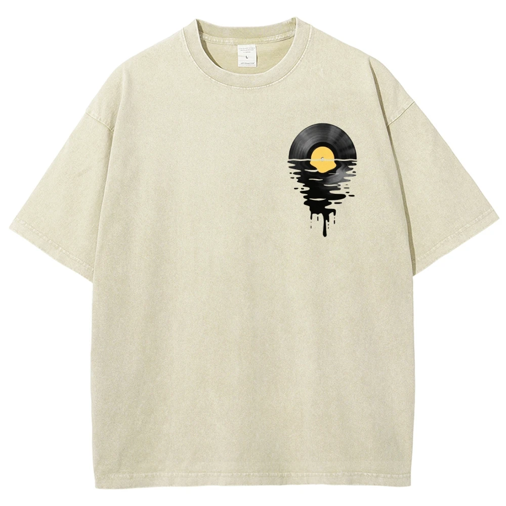 Vinyl Record Art Tee：Vintage - Washed Tee With Melting Vinyl Graphic. Music - Lover’s Pick, Unique & Stylish.