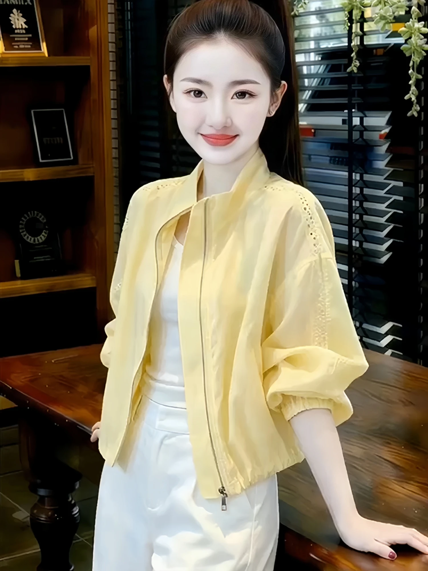 Women's Summer New Lightweight Breathable Casual Hollow out Stand Collar Sun Protection Outerwear Long Sleeve Zipper Closure