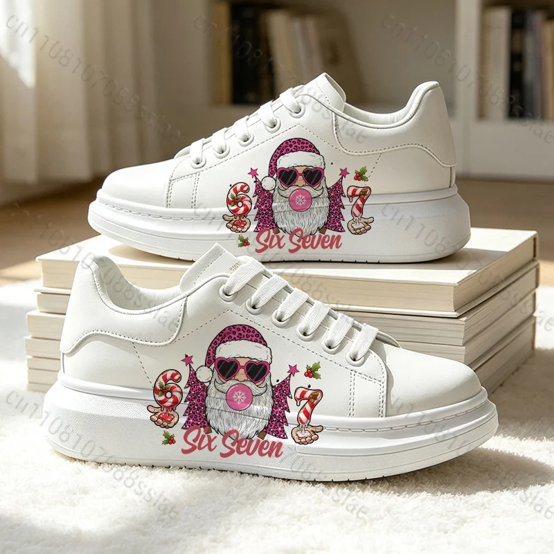 Trendy Pink Santa Candy Cane Number Pattern Design Man Woman Christmas Daily‑wear White Sneakers Holiday Gift