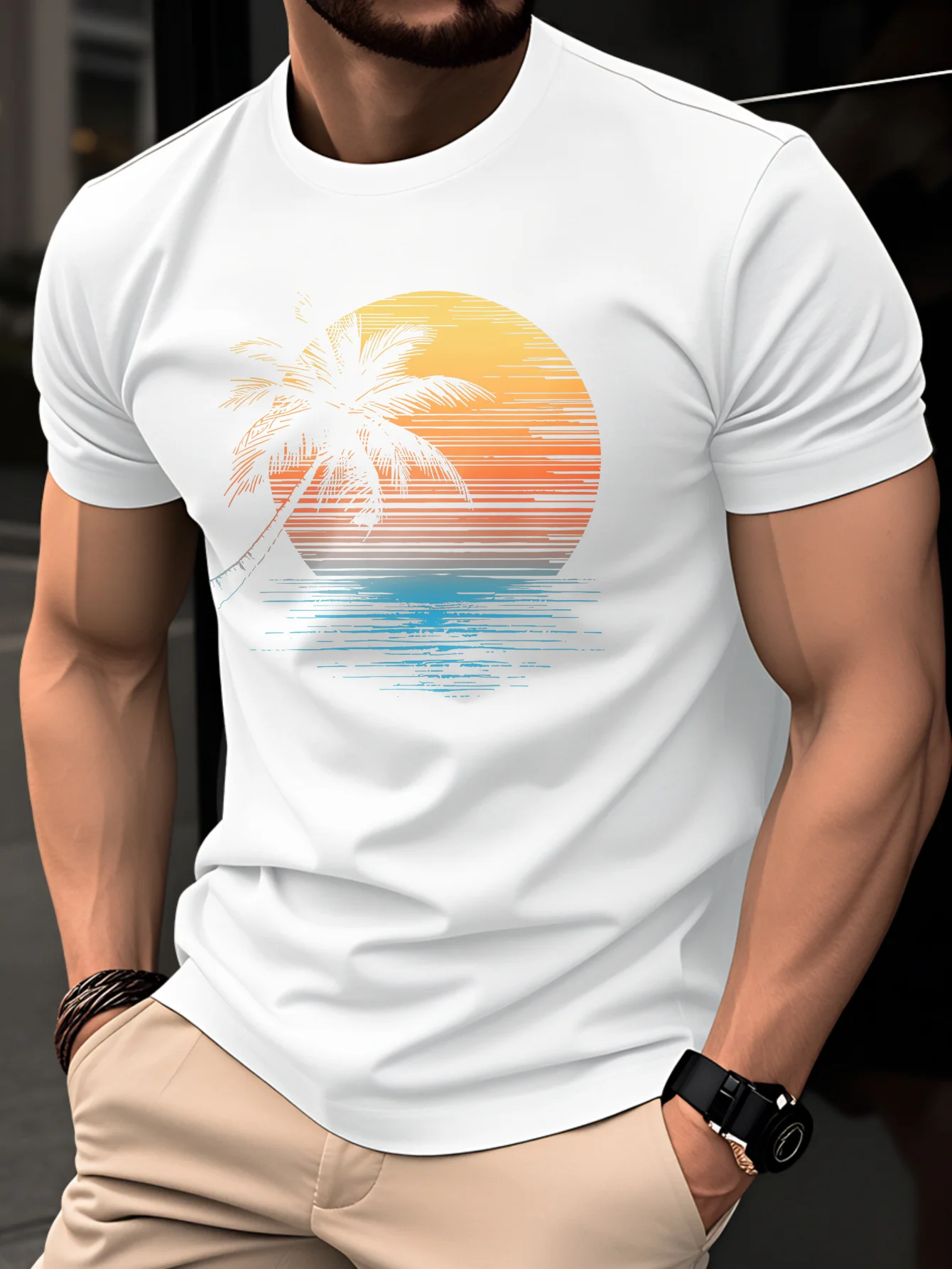 Camiseta Masculina Premium de Algodão 100% com Estampa de Palmeira e Pôr do Sol em Gradiente Retrô, Perfeita para o Estilo Casual de Férias de Verão