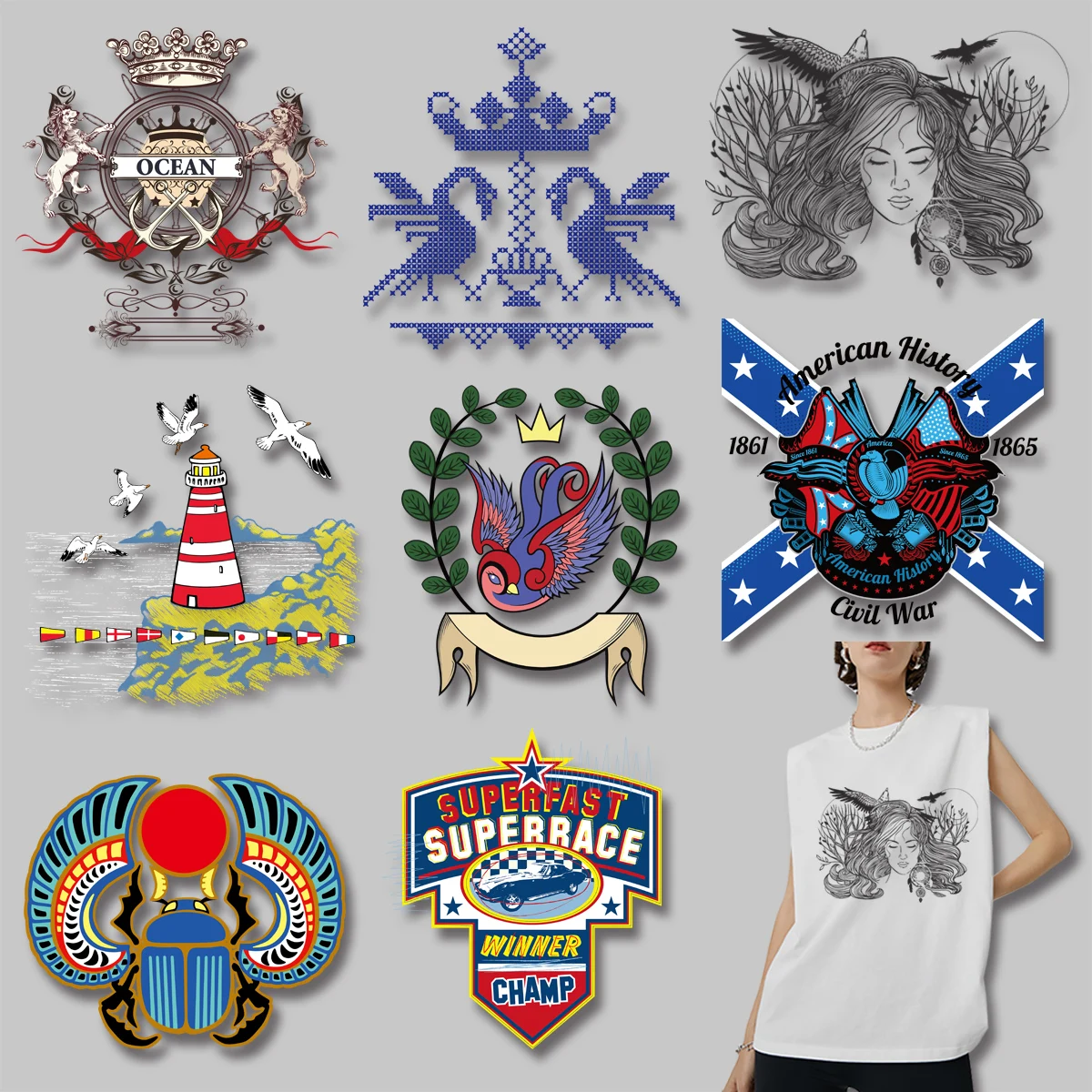 

Lighthouse Bird Lion Beauty Representative graphics cloth patches Heat Vinyl Ironing Stickers Decor Washable DIY Appliques