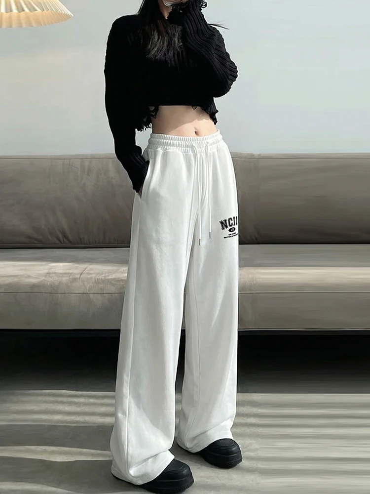 

Американские спортивные брюки с высокой талией и прямыми штанинами для женщин, свободные, струящиеся, повседневные, для ранней весны, визуально стройнящие, длинные брюки T...