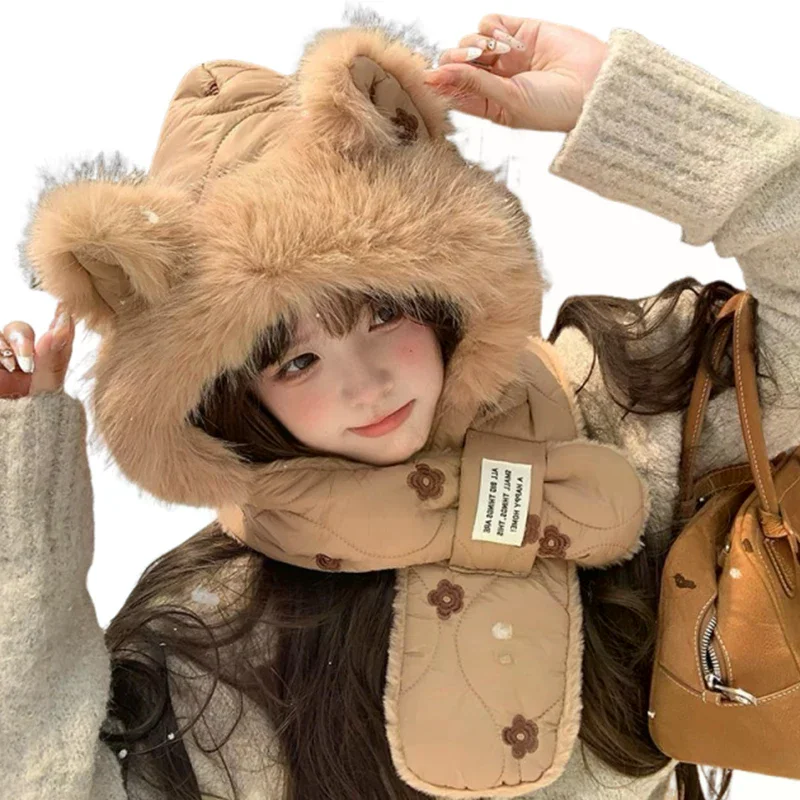 وشاح سميك، قبعة قطيفة نسائية لطيفة، قبعة Lei Feng الدافئة لركوب الدراجات، قبعة حماية الأذن