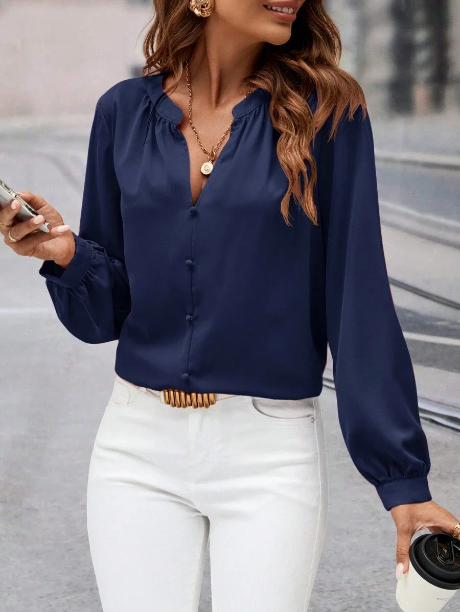 

Womens V-Neck Ruffle Long Sleeve Blouse Casual Elegant Shirt For Office Daily Wear