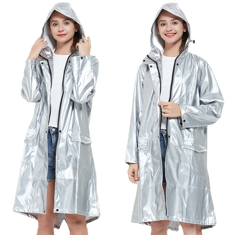 Adult Fashion Raincoat Poncho Silver  Cool Mid-Length Thickened Non-Disposable  Rain Jacket Women 판초의 우의