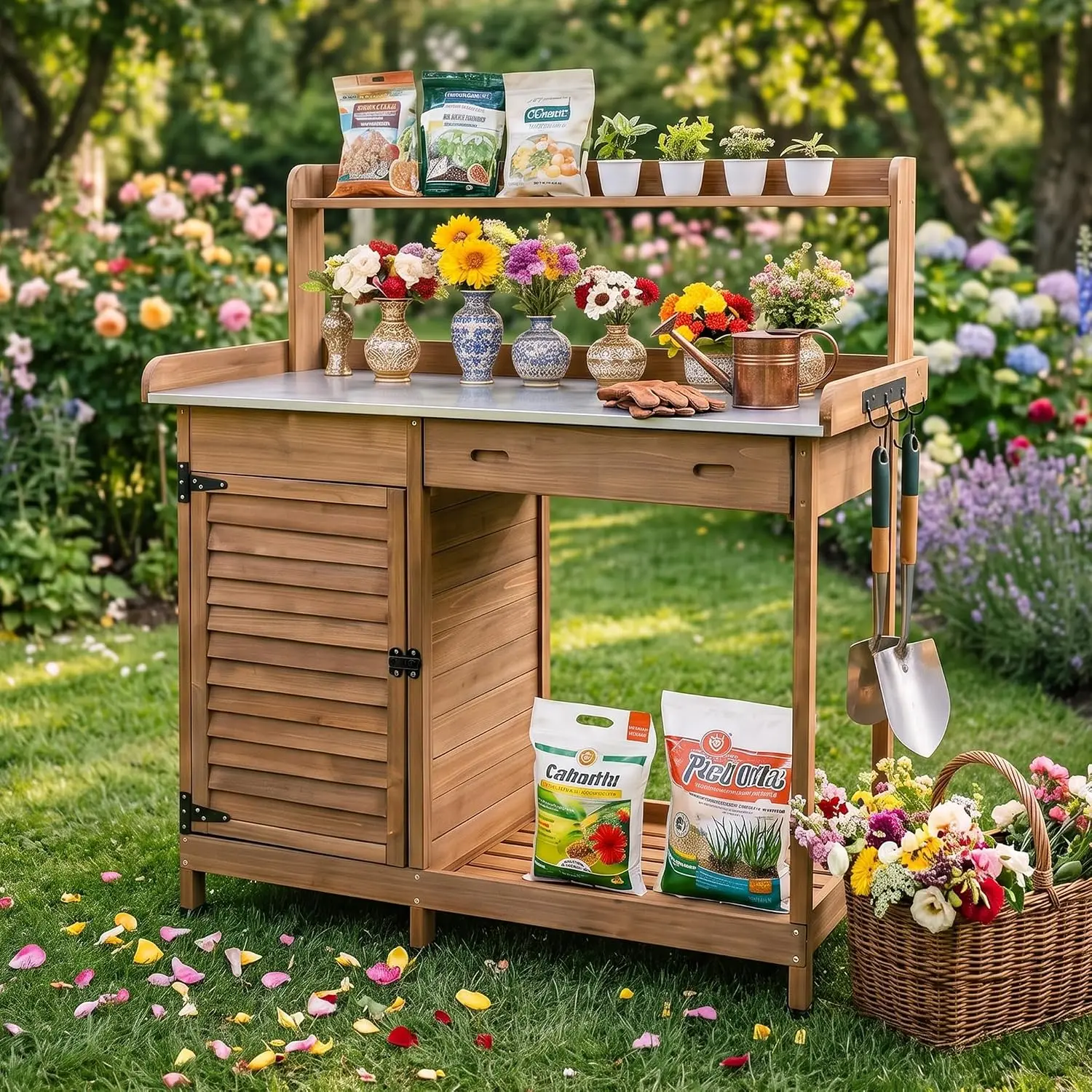 Outdoor Potting Bench Table, Wooden Weatherproof Garden Work Station with Sliding Drawer, Metal Table Top, Metal Hooks