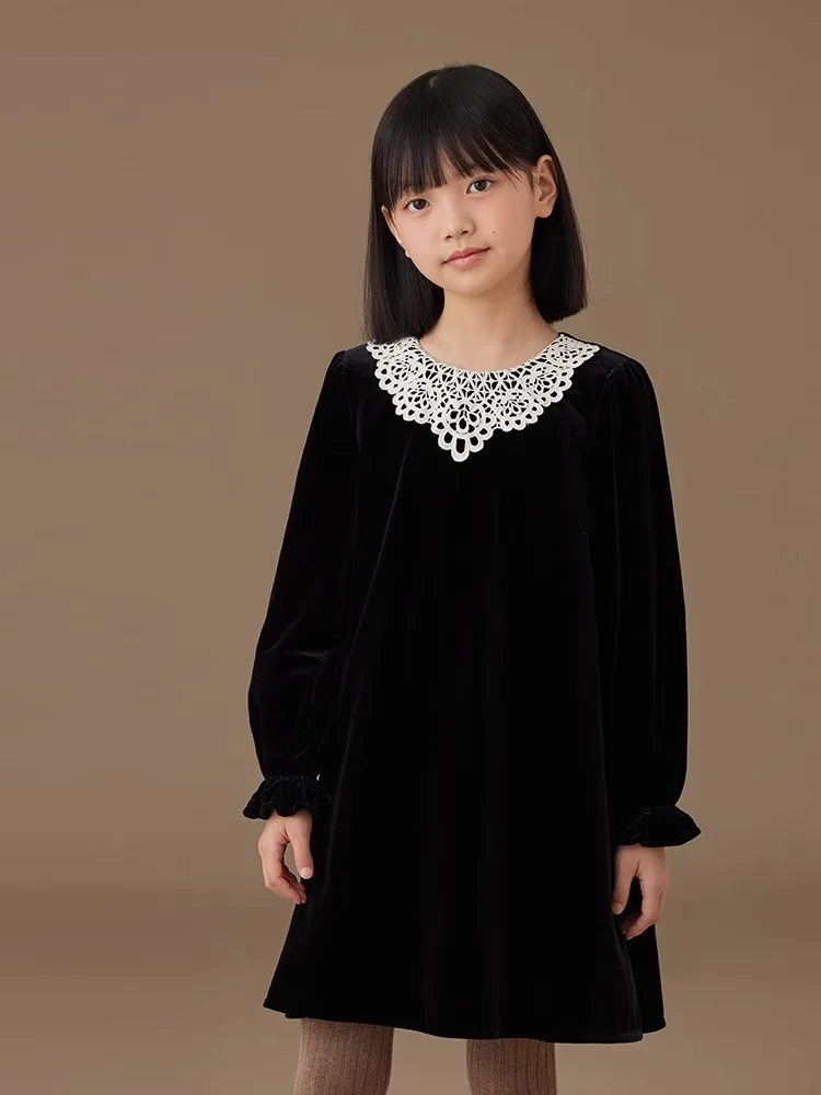 

2024 Fall Childern Clothing Girl's Dress New Long Sleeve Lace Peter Pan Collar Long Sleeve A-line Swing Dress