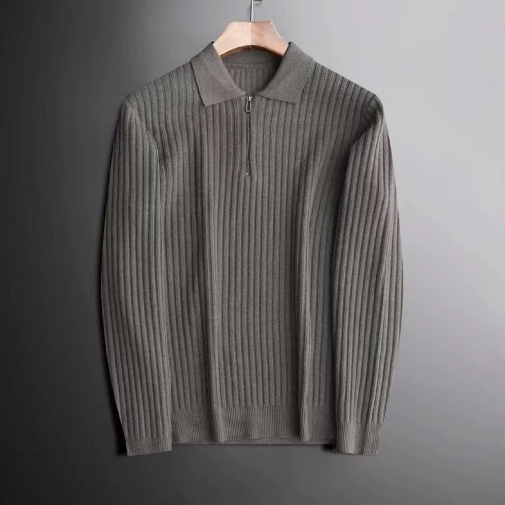 

LIBIELIY Young Men Solid Color Lapel Knit Polo Shirt Warm Pit Strip Sweater Autumn And Winter Light Luxury Business Half Zip Swe