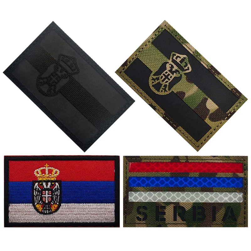 Serbia Flag Embroidered Patches IR Reflective Serbian Appliqued Armband Patch For Clothing With Hook and Loop